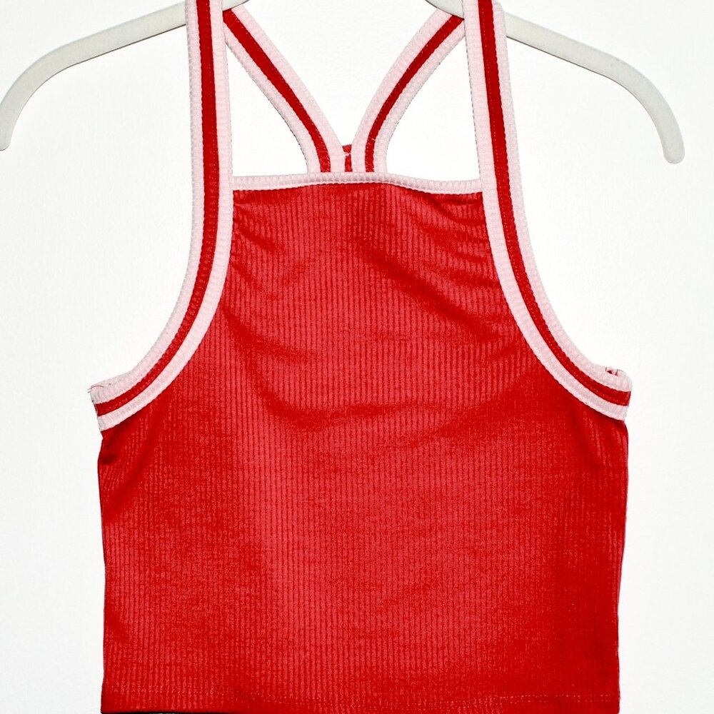 Forever 21 Red and Light Pink Cropped Square Neck Racerback Tank Top - Medium